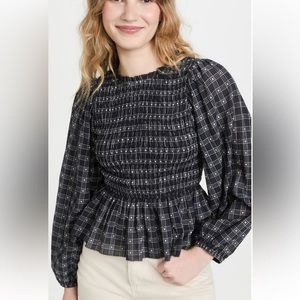 THE GREAT. - The Contessa Top. Color: Navy Cream Check. Size 2(s/m)